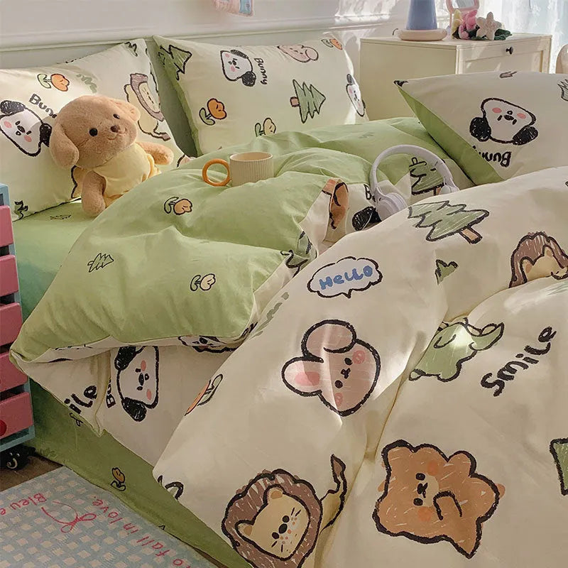 Cartoon dog pattern pure cotton quilt cover and pillowcases from a four-piece bedding set.