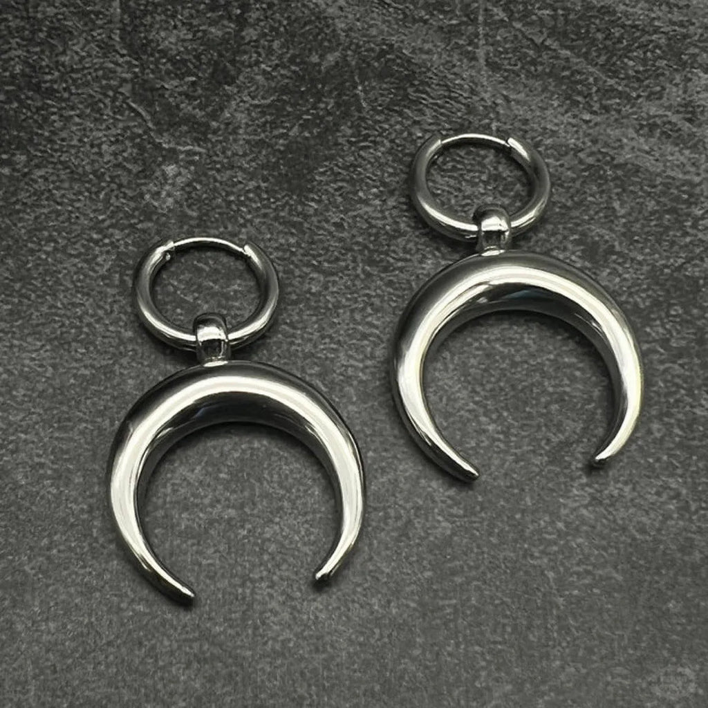 Vintage gothic moon big hoop earrings in silver colour with punk style geometric design