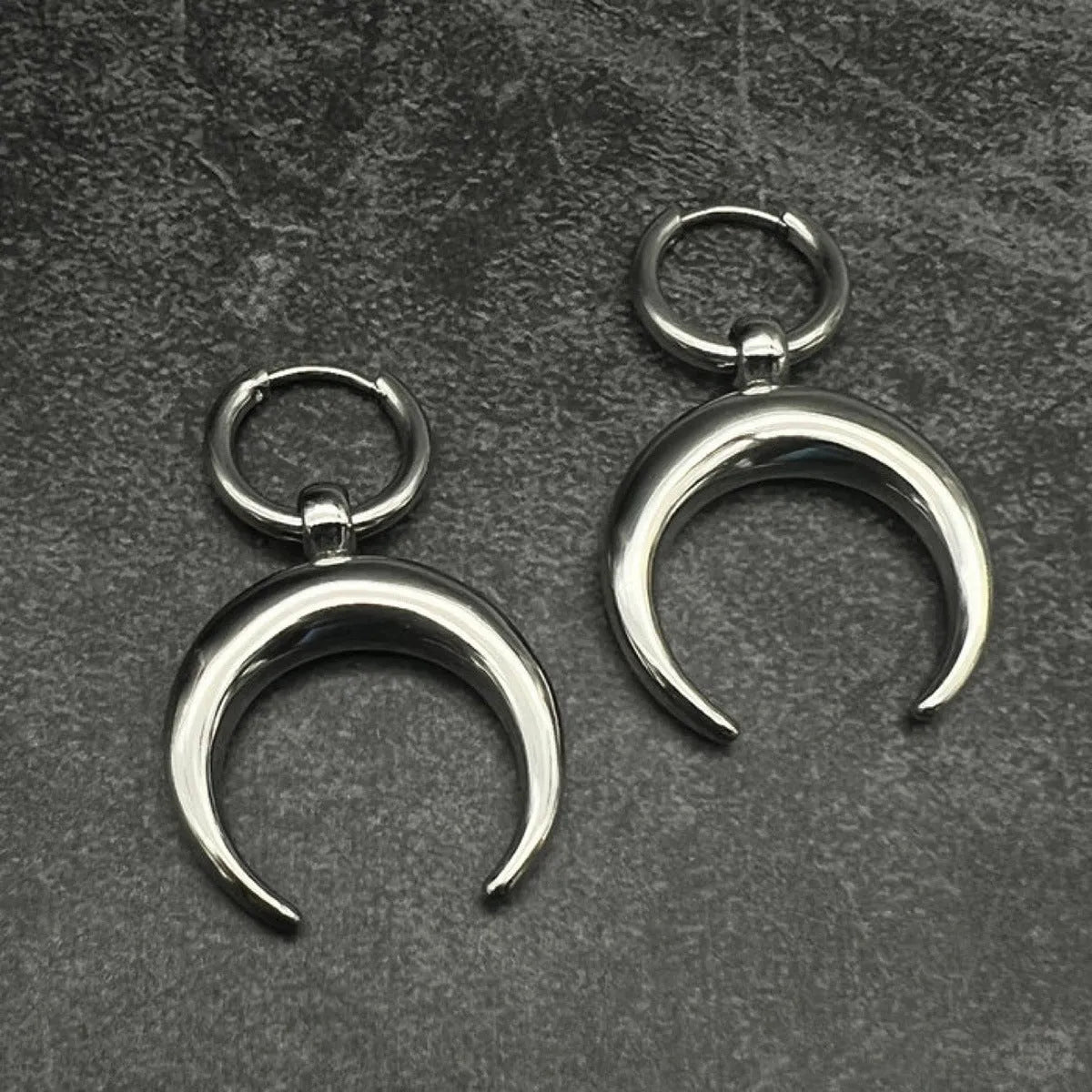 Vintage gothic moon big hoop earrings in silver colour with punk style geometric design