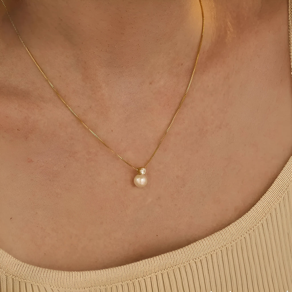 Women's stainless steel necklace with imitation pearl and zircon pendant in New Chinese style