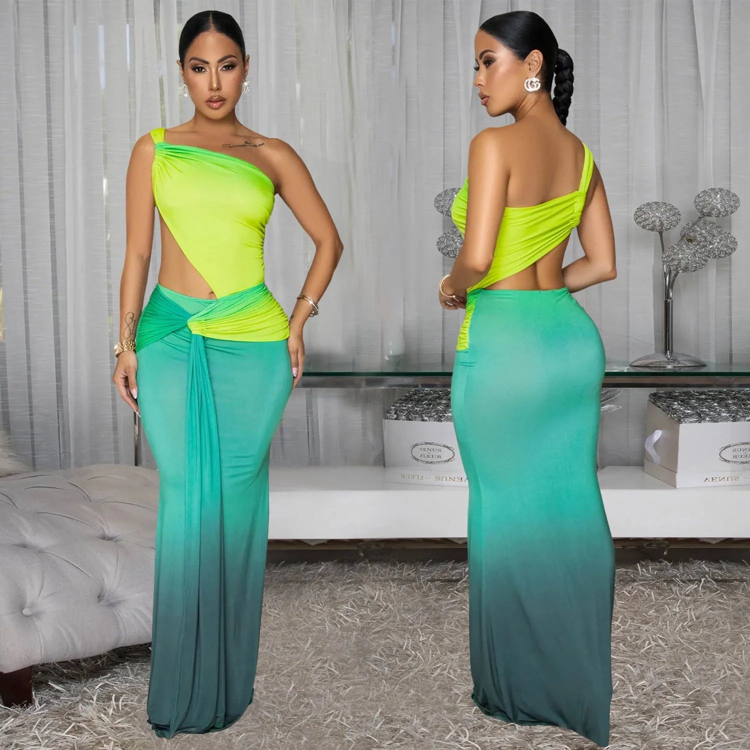 Women's long gradient colour dress with cross-shoulder sleeveless design and a high-waisted one-step skirt.