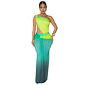 Women's long gradient colour dress with cross-shoulder sleeveless design and a high-waisted one-step skirt.