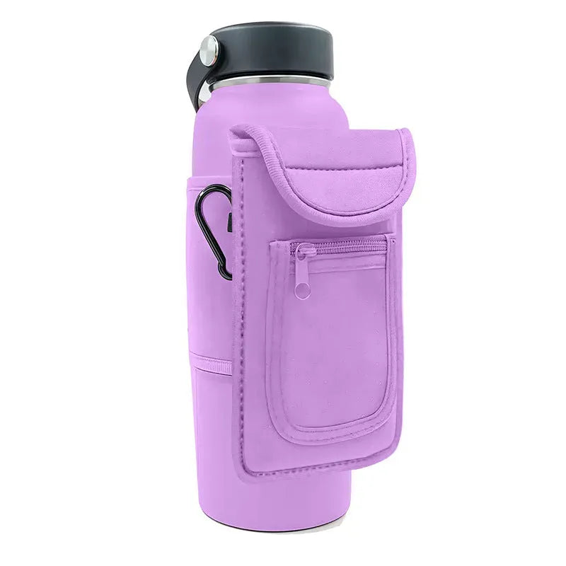 Cloth fitness bottle sleeve with magnetic closure and carabiner option in multiple colours