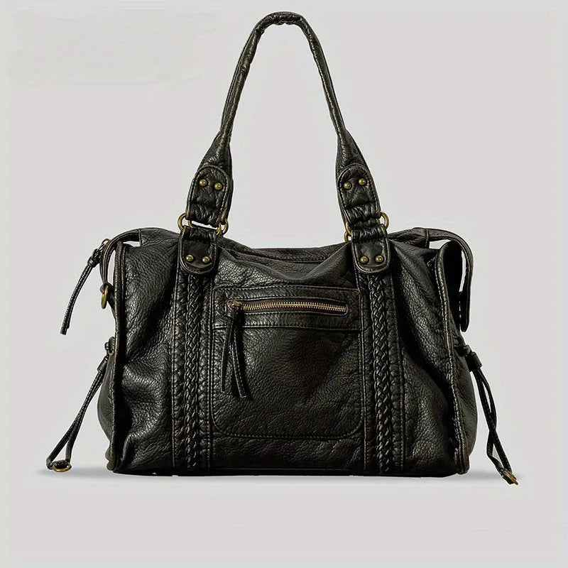 Women's retro motorcycle shoulder messenger bag in soft PU leather with woven design and internal organisation pockets
