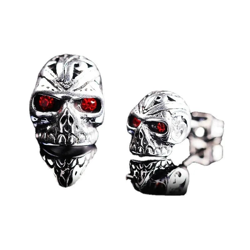 Retro red eye skull stud earrings with alloy construction and electroplated finish