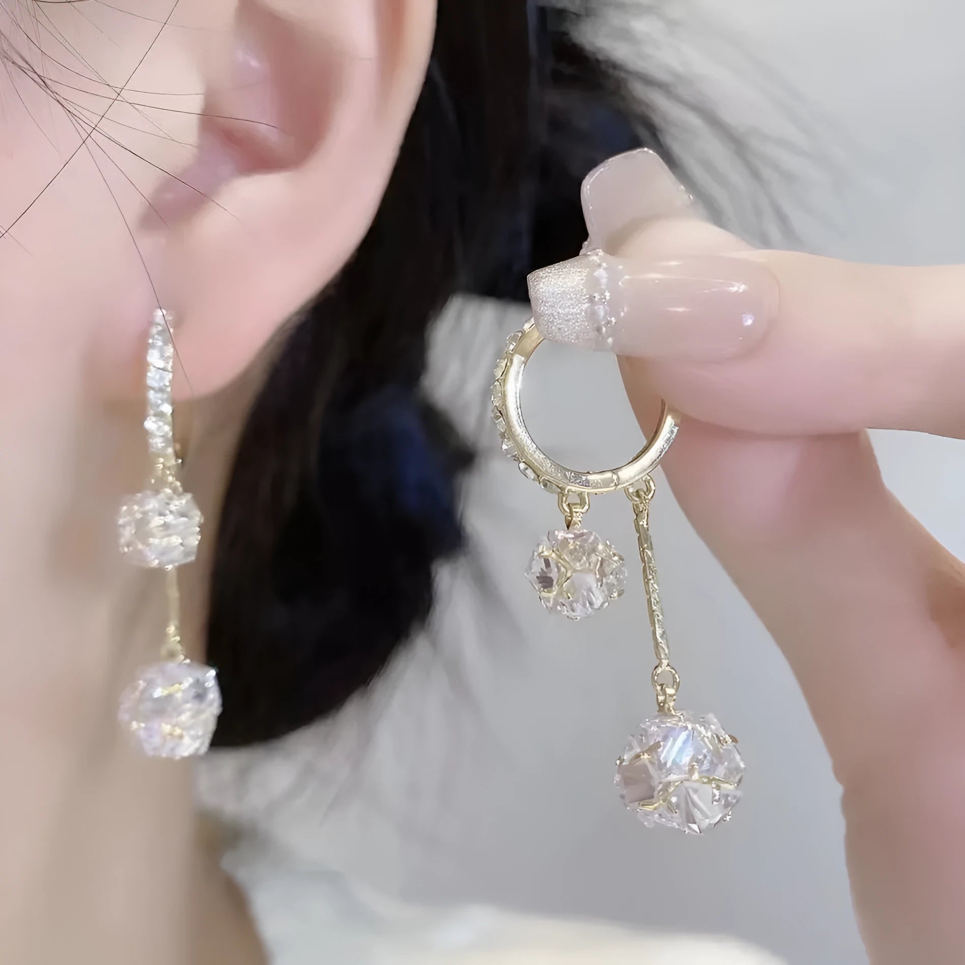Women's confession balloon earrings with tassel and rhinestone ball pendants in silver colour