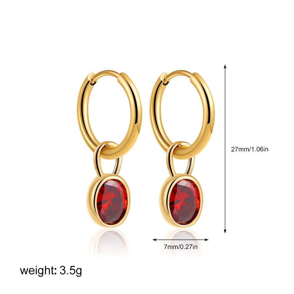 Women's copper drop earrings with oval zircon stone in six colour variations