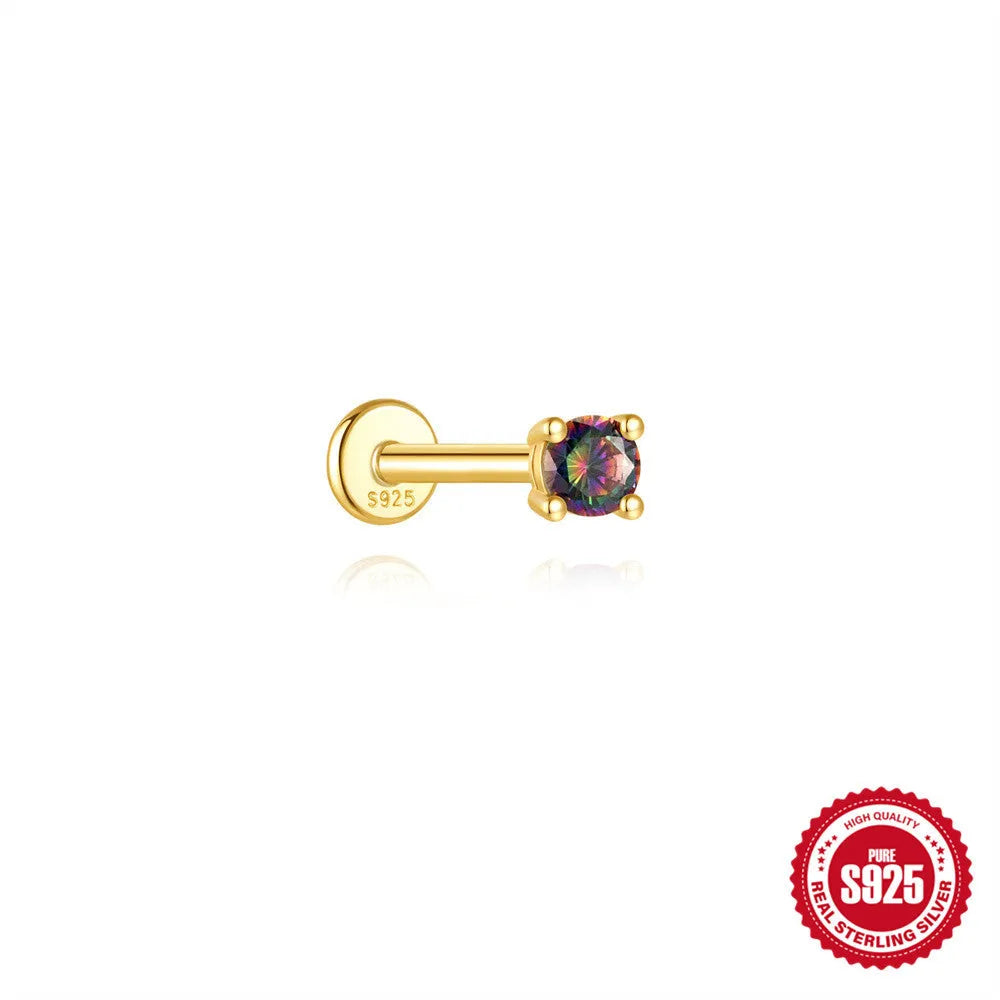 S925 sterling silver flat head thread piercing with a shiny rainbow stone in a gold setting.