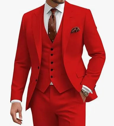 Men's slim fit three-piece suit in a choice of nine colours, shown on a hanger.