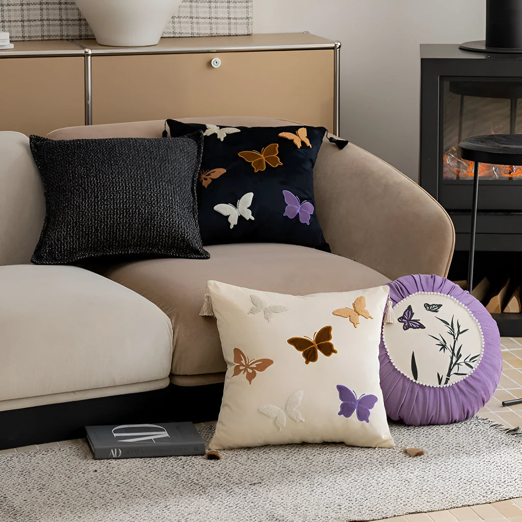 Square beige cushion with black and purple Chinese butterfly embroidery