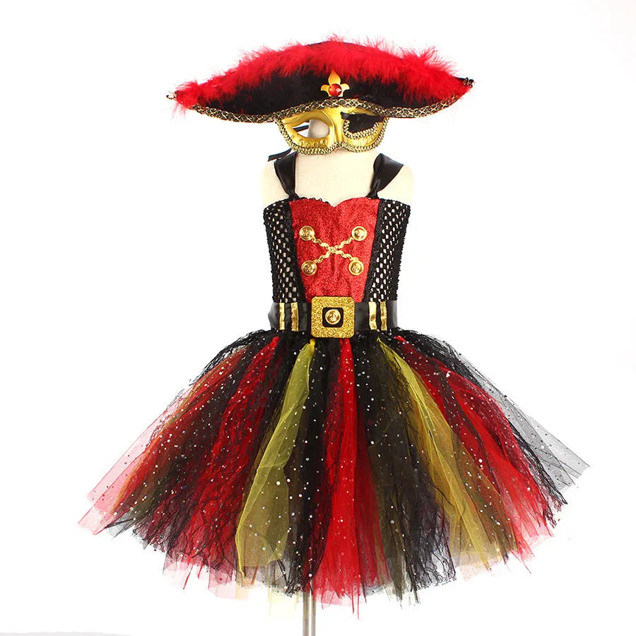 Girls Pirates of the Caribbean costume dress with sequins and gauze mesh detailing, sleeveless design