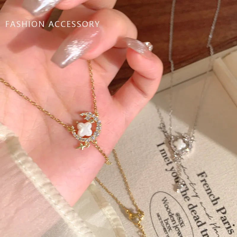 Women's star moon necklace with sparking zirconium alloy pendant on adjustable copper chain in gold or silver colour