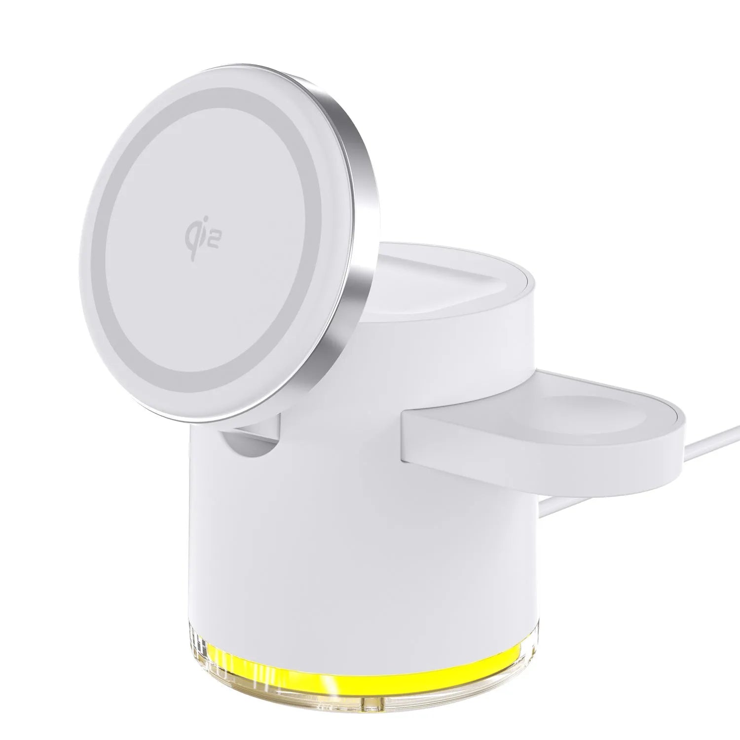 C16 ivory white folding magnetic three-in-one wireless charger showing phone, watch, and earbuds charging simultaneously.