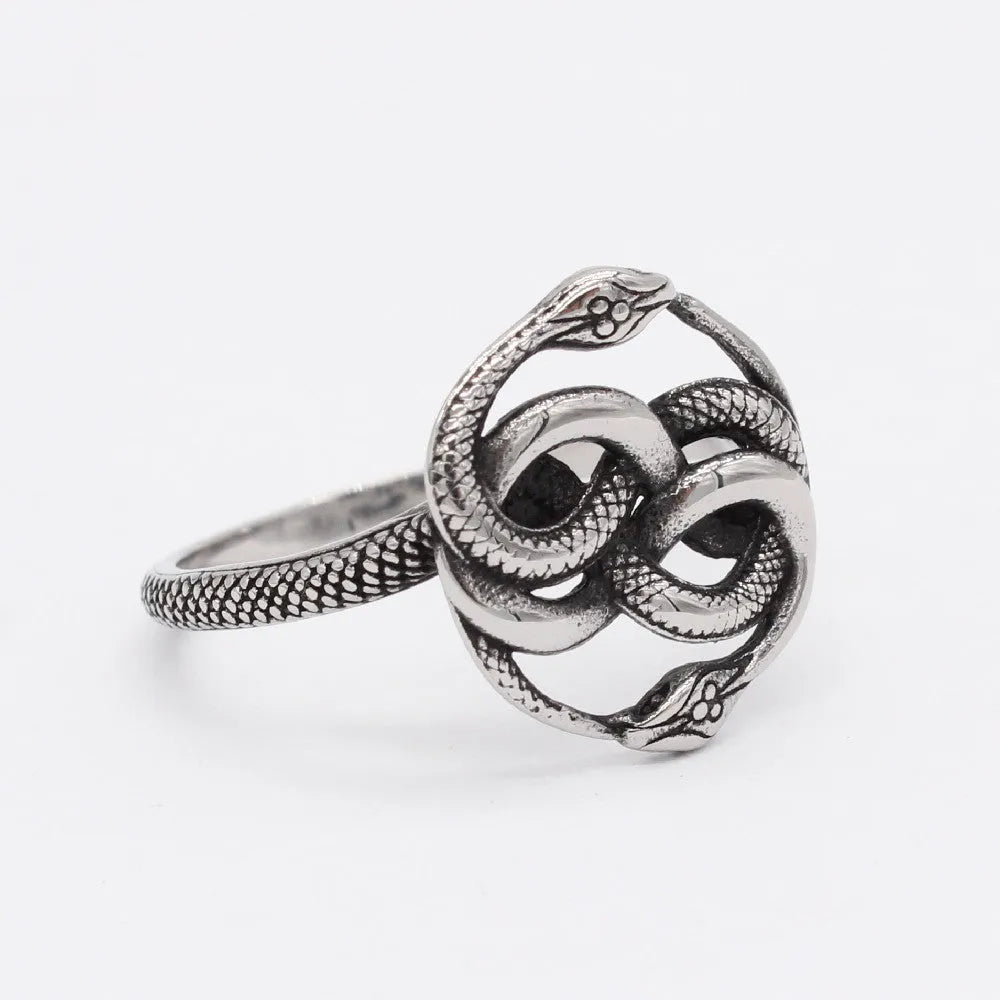Steel colour titanium steel double snake retro ring on finger showing intricate snake design