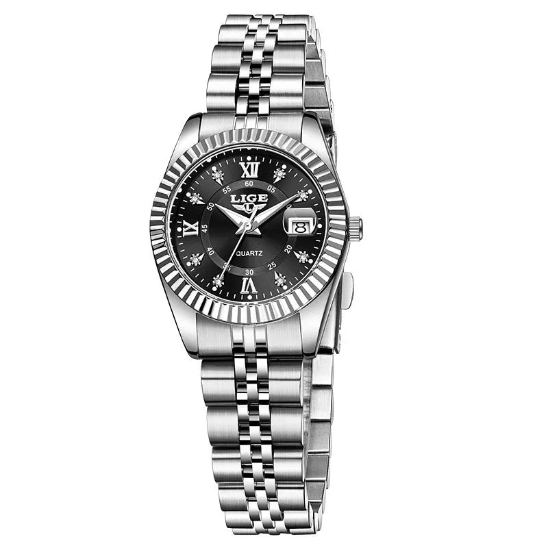 Women's waterproof quartz watch with stainless steel case in gold and silver colour variations
