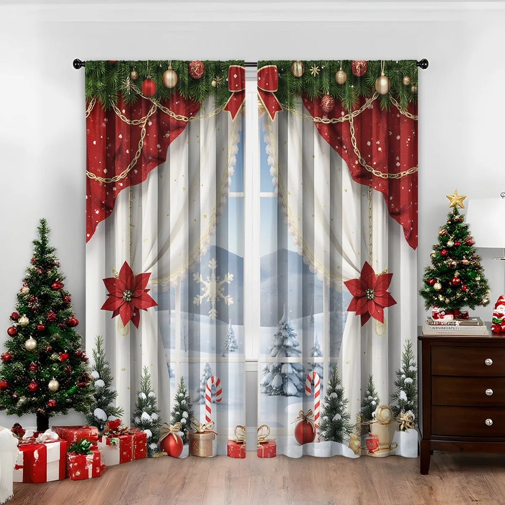 Pair of 3D printed Christmas pattern curtains in polyester fabric on a window.