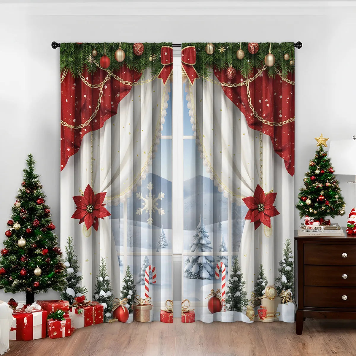 Pair of 3D printed Christmas pattern curtains in polyester fabric on a window.