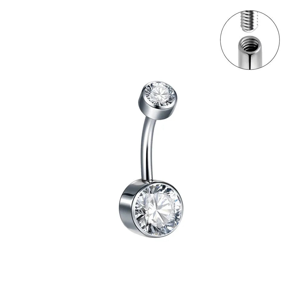 Titanium alloy double-headed zircon navel stud with internal thread closure in multiple sizes
