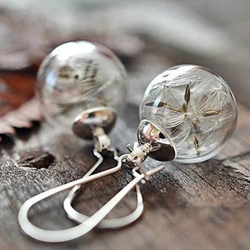 Transparent glass ball earrings with dandelion seed design on silver French hooks