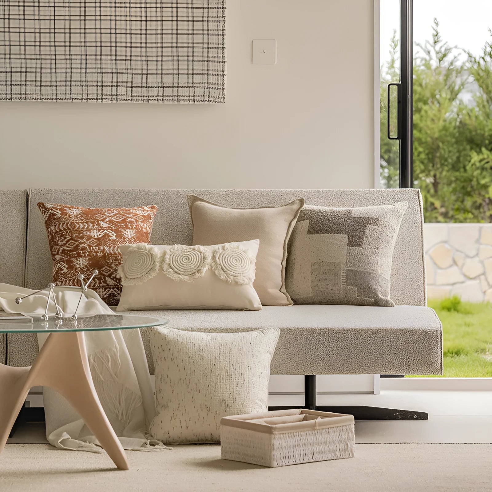 Solid colour sofa cushion pillow on a chair, showing 30x50cm and 45x45cm size options.
