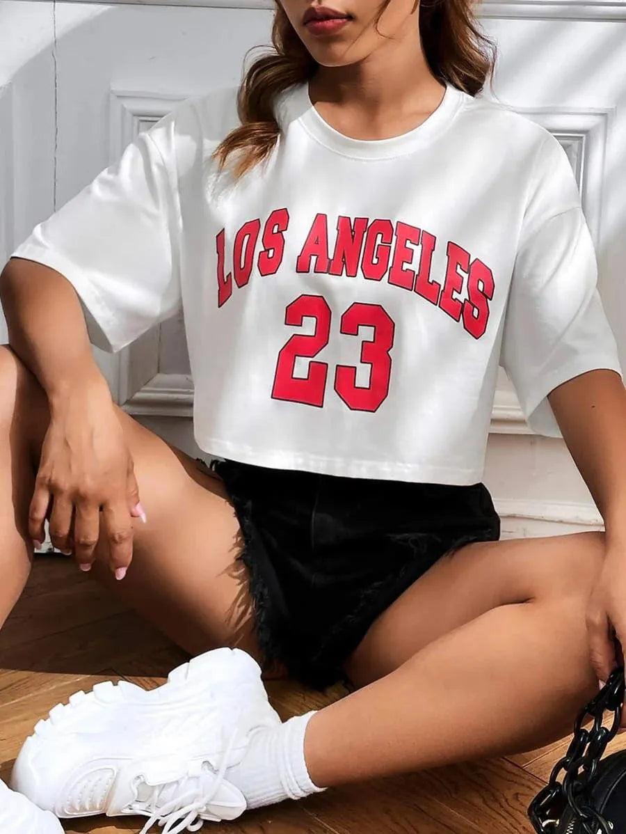 Women's personalised English letters summer t-shirt with exposed navel design in loose cotton fabric