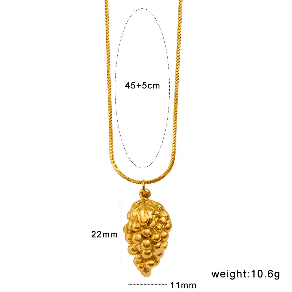 Stainless steel fruit necklace pendant with six design options including apple, grape, watermelon, pineapple, strawberry, and banana