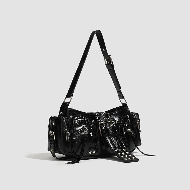 Black dumpling-shaped retro handbag with oil wax PU leather showing three-dimensional pockets and shoulder strap