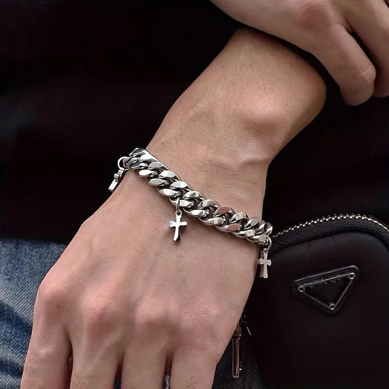 Men's titanium steel bracelet with geometric design featuring cross detail and cold wind styling