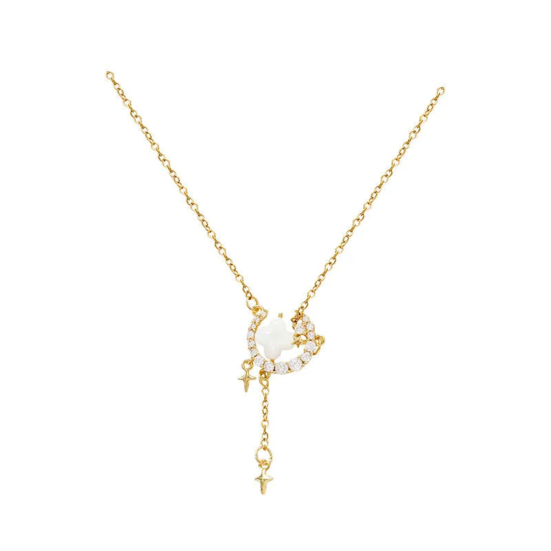Women's star moon necklace with sparking zirconium alloy pendant on adjustable copper chain in gold or silver colour