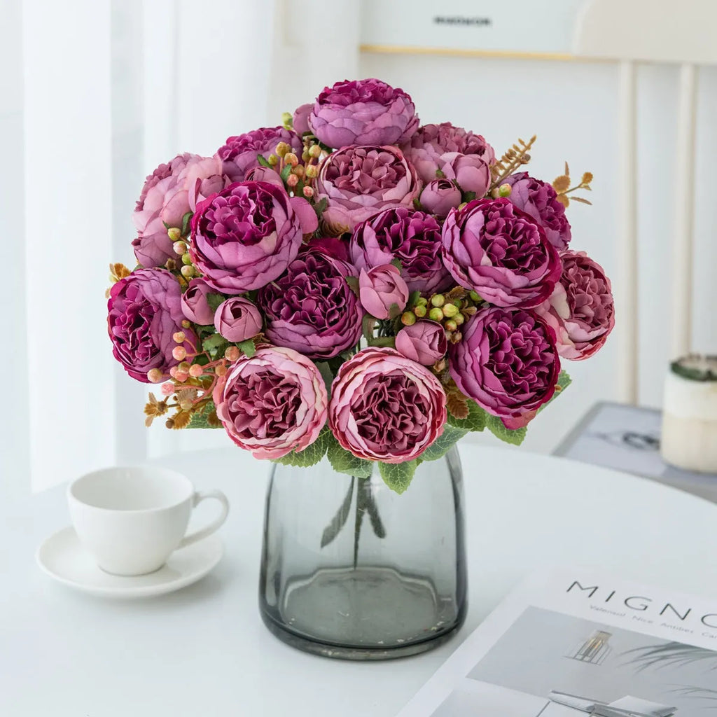 Artificial silk peony flower bouquet in champagne and sand red colours for home decor.