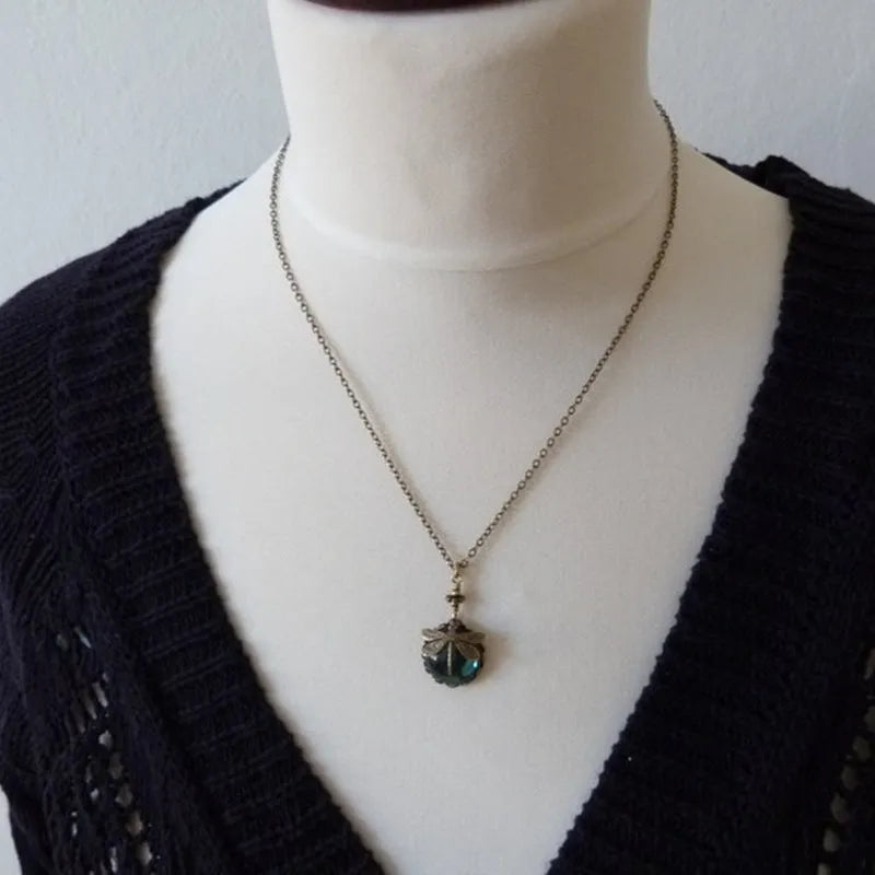 Hand carved dragonfly pendant necklace with 925 silver and vintage bronze yellow colour finish