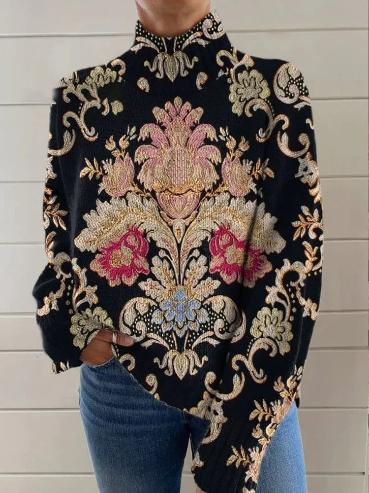 Black long sleeve turtleneck sweater with a raised 3D geometric pattern, shown on a model with a loose fit.