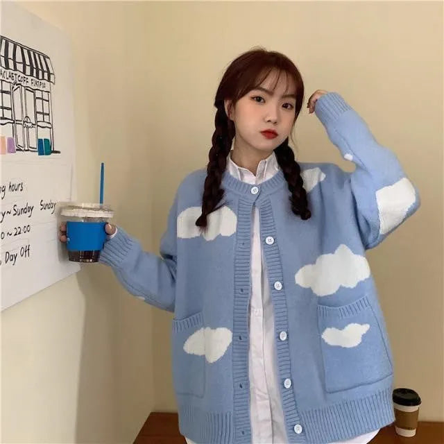 Blue cloud pattern women's spandex cardigan sweater with loose fit and regular sleeves