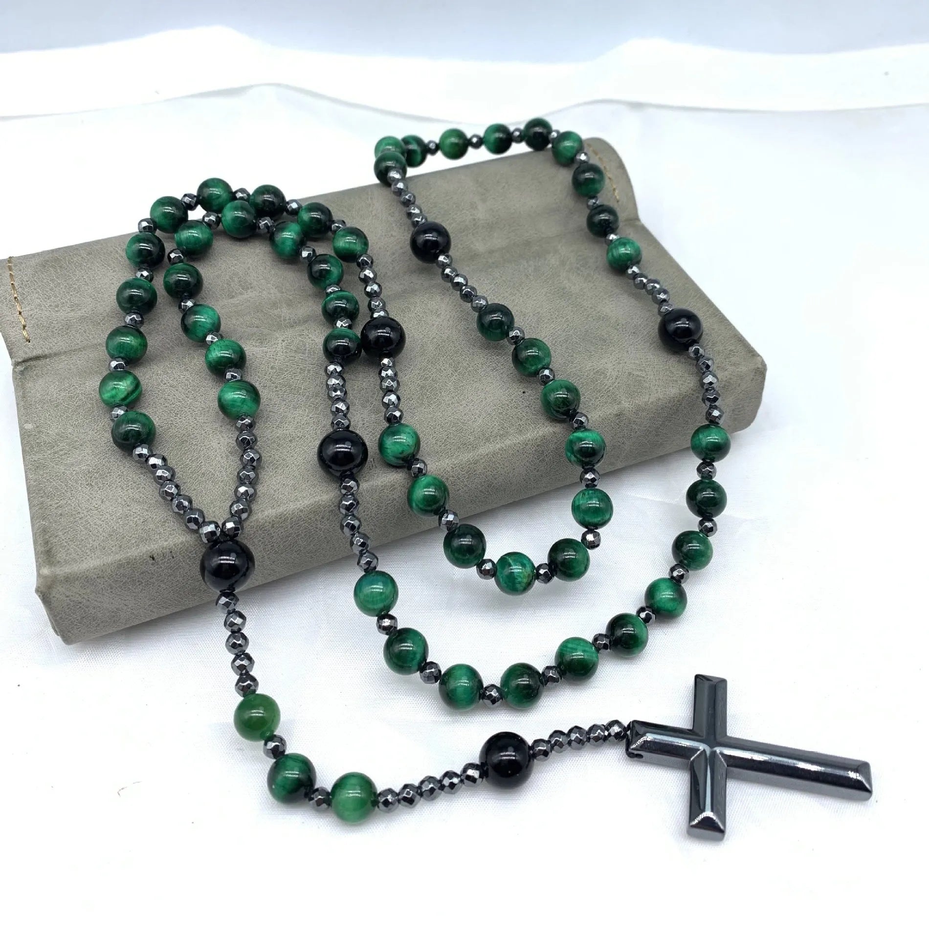 Men's stone geometric cross pendant necklace on an 80cm ball bead chain