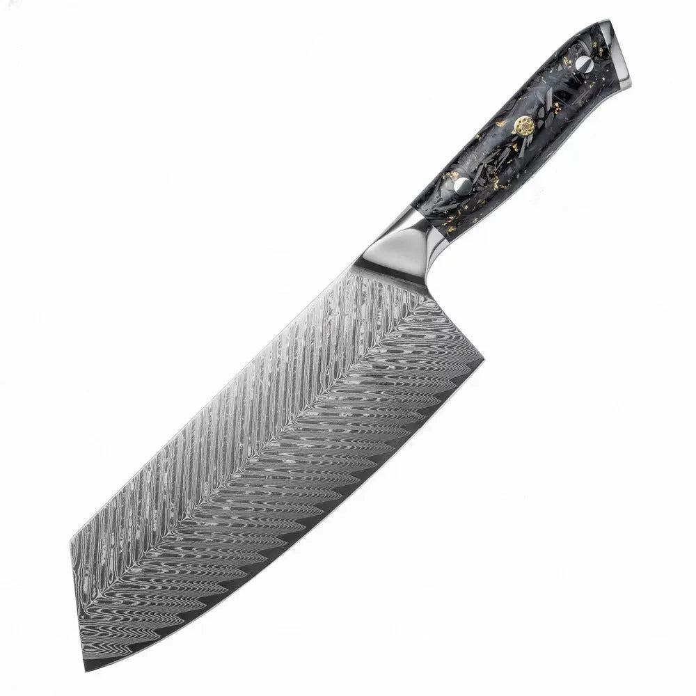Eight-piece Damascus steel kitchen knife set showing fishbone pattern and different blade sizes