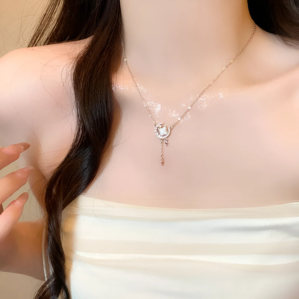 Women's star moon necklace with sparking zirconium alloy pendant on adjustable copper chain in gold or silver colour