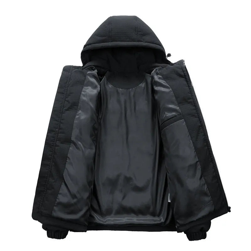 Men's black hooded winter coat with letter-print design and side pockets in Korean cardigan style