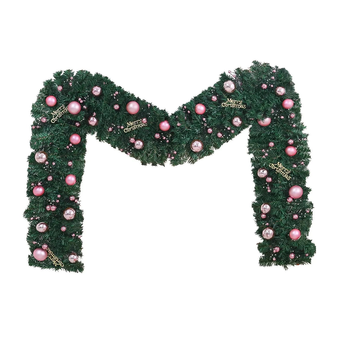 Pink artificial Christmas rattan vine garland with fairy lights draped on a mantelpiece