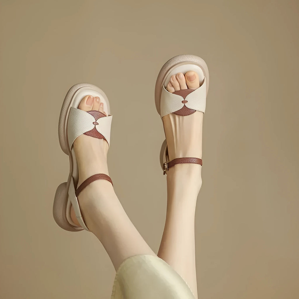Women's chunky heel platform open toe sandals in renewable leather with rubber soles