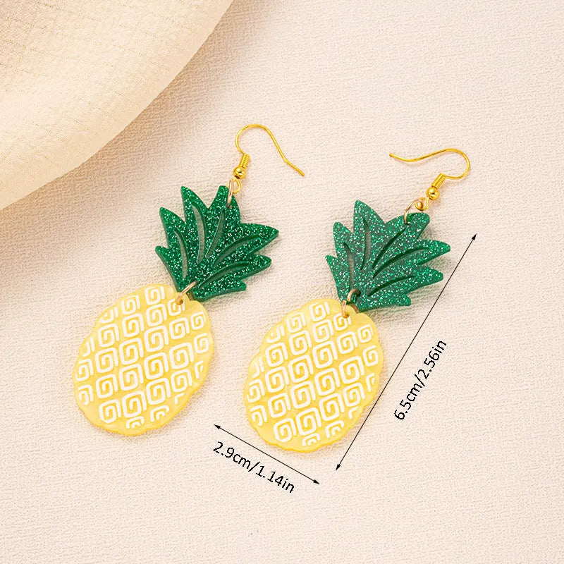 Acrylic drop earrings with a carved coconut and jackfruit design on a metal hook, shown in multiple colour variants.