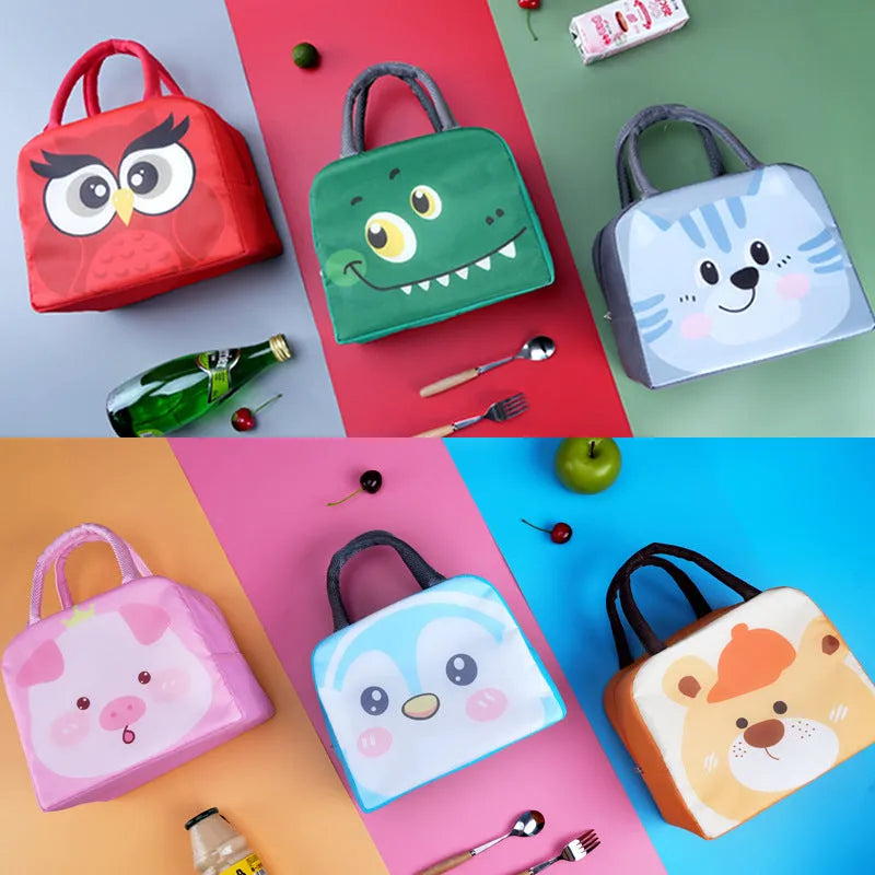 Children's insulated lunch bag with cartoon animal designs including orange bear and green dinosaur patterns
