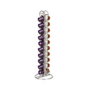 A black wrought iron stand holding 20 coffee capsules on open shelves, measuring 10x10x37cm.