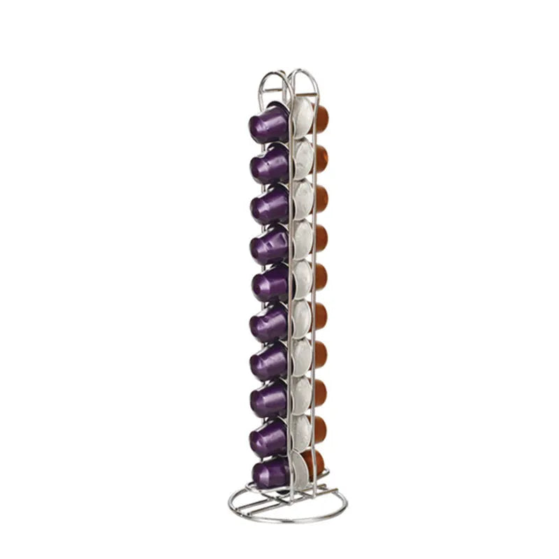 A black wrought iron stand holding 20 coffee capsules on open shelves, measuring 10x10x37cm.