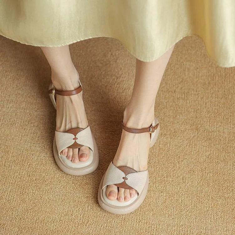 Women's chunky heel platform open toe sandals in renewable leather with rubber soles