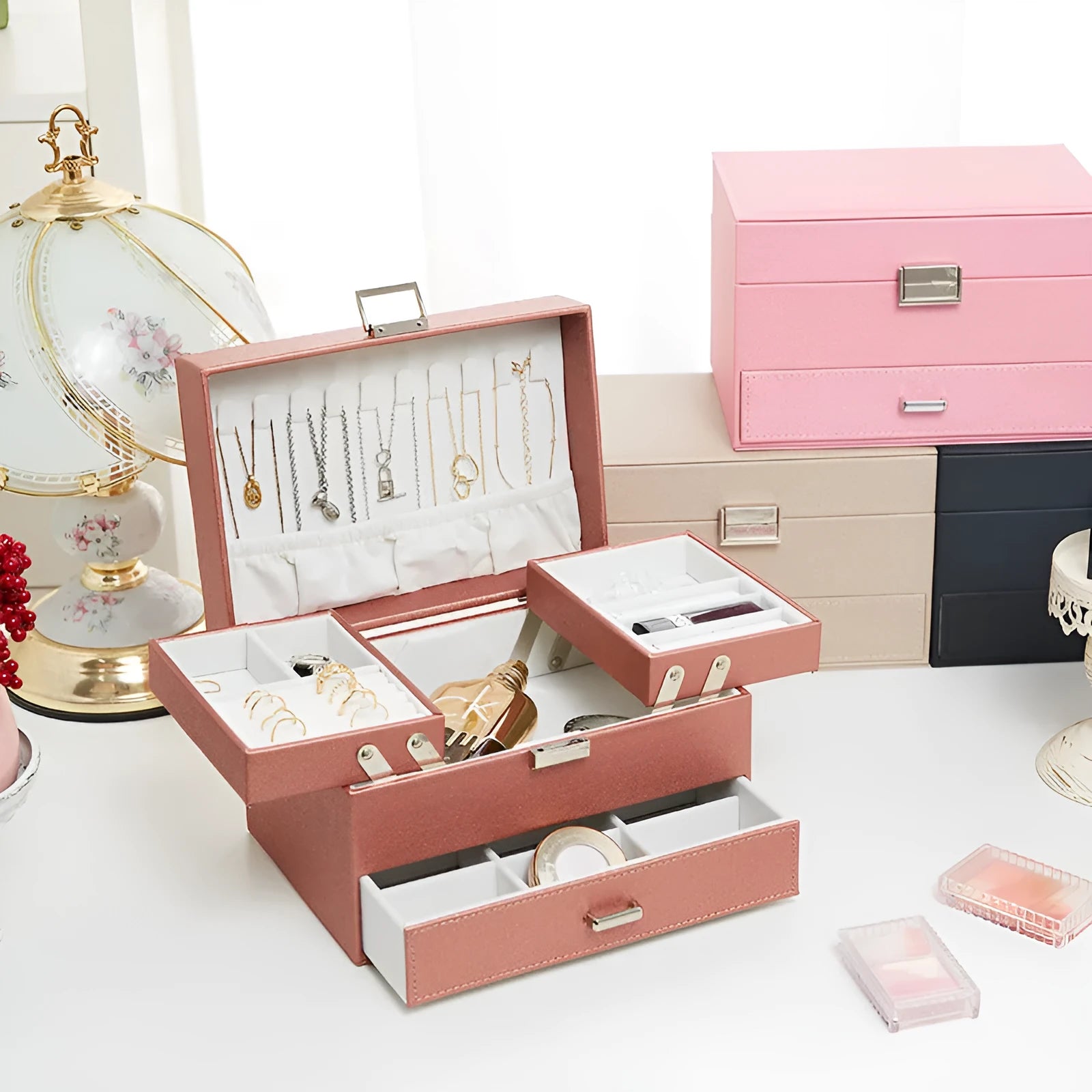 Hard case PU leather jewelry storage box in black, pink, rose gold, or beige