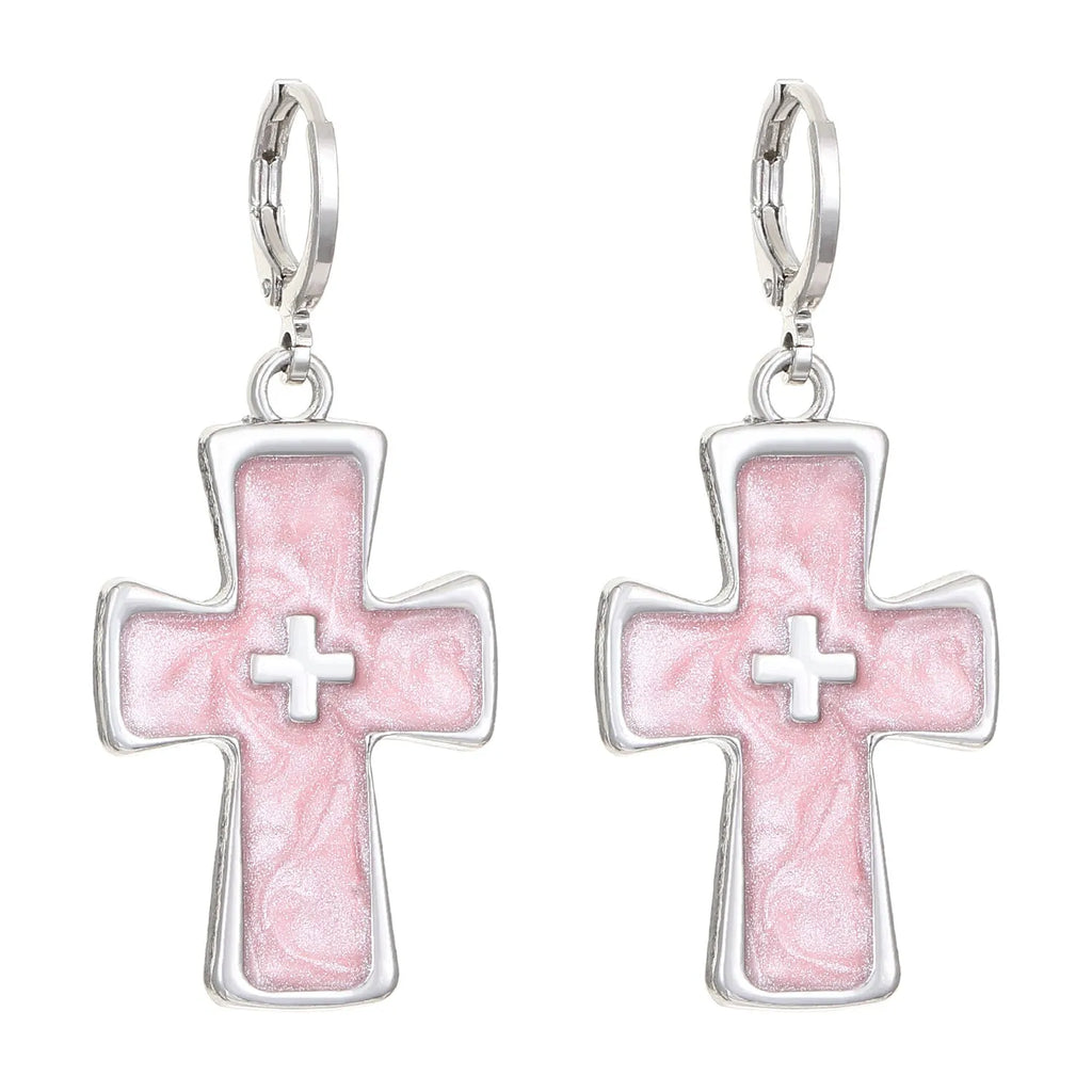 Women's alloy earrings with cross and heart designs in white and antique silver colour variants