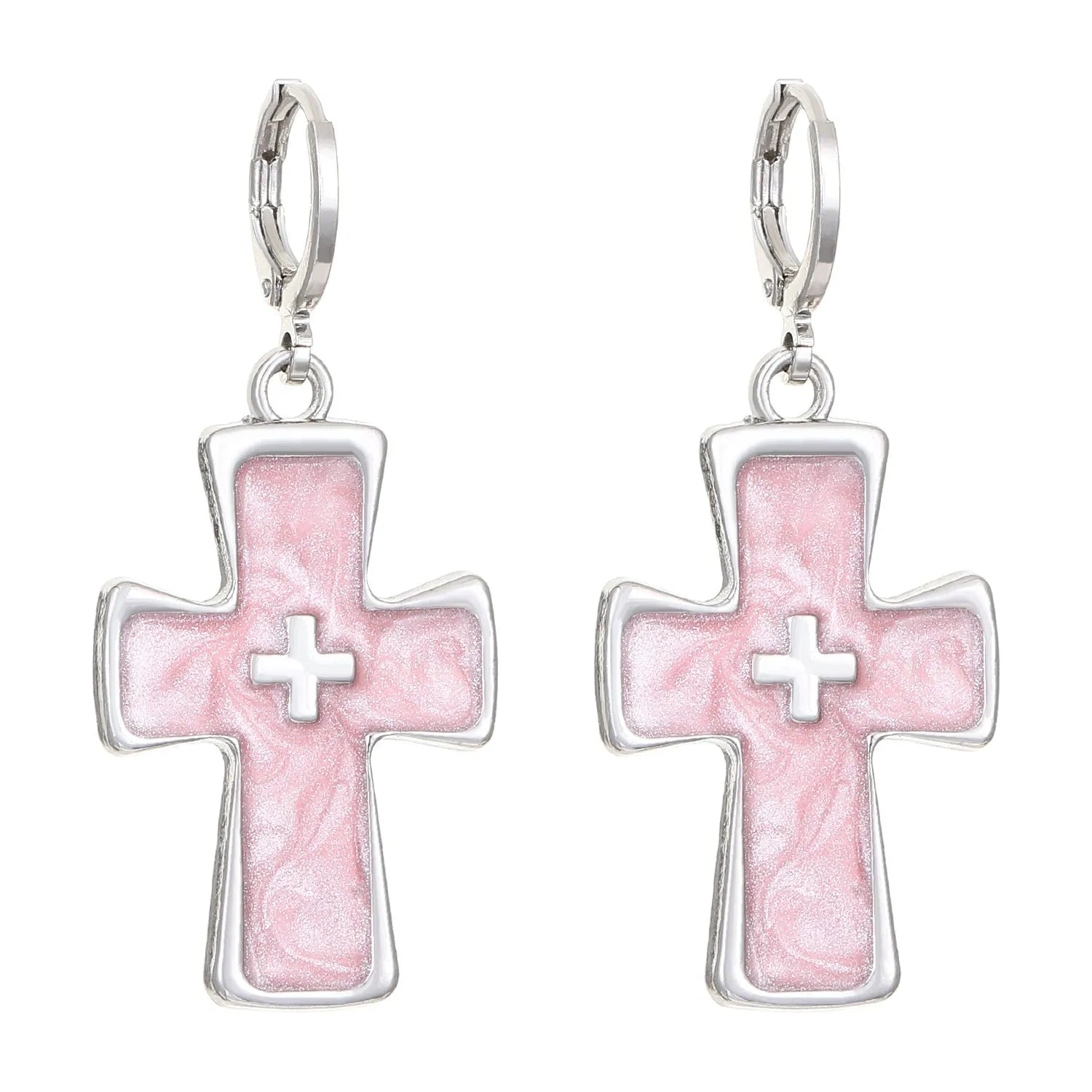 Women's alloy earrings with cross and heart designs in white and antique silver colour variants