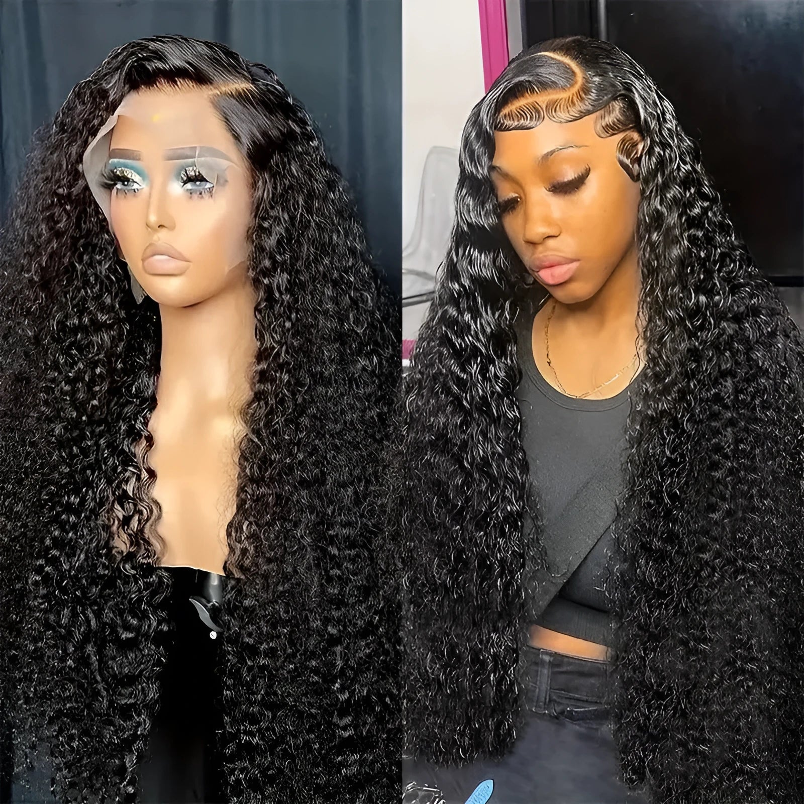 Black high-temperature fibre afro wig with curly hair and side bangs, 26-42 inch length options