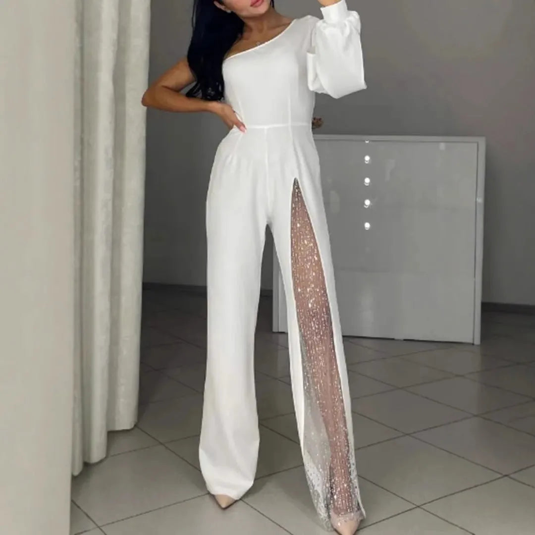 Women's black oblique shoulder jumpsuit with high slit detail and long sleeves