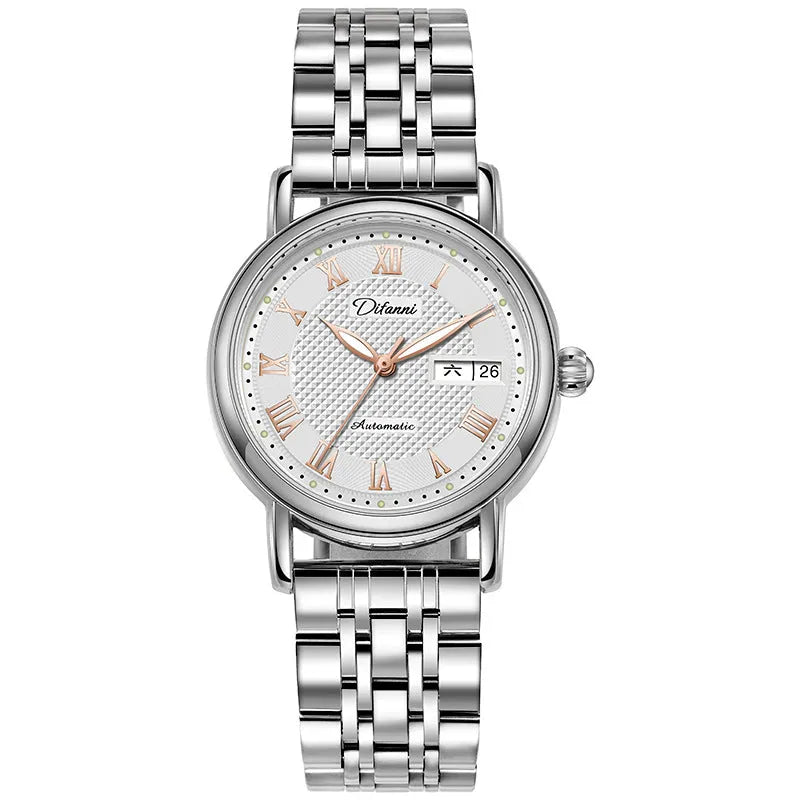 Women's automatic mechanical watch with 12mm thickness showing multiple colour strap and dial options